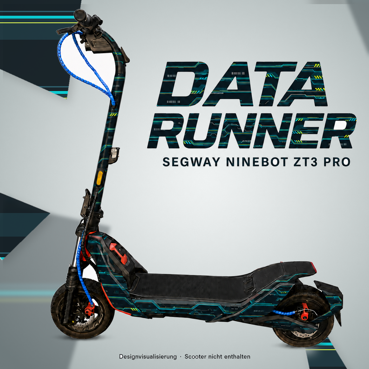 DATA RUNNER Skin in dunklem Petrol mit türkisen und limettengelben Circuit-Linien für Segway Ninebot ZT3 Pro – digitale Designvisualisierung; Scooter, Kabelschutz und Trittmatte nicht enthalten