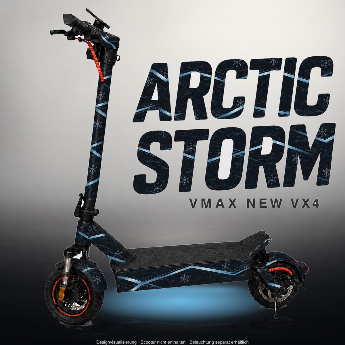 VMAX NEW VX4 SKIN | ARCTIC STORM – Designvisualisierung im Studio-Look mit Licht in der Skinfarbe; Scooter nicht enthalten, Beleuchtung separat erhältlich