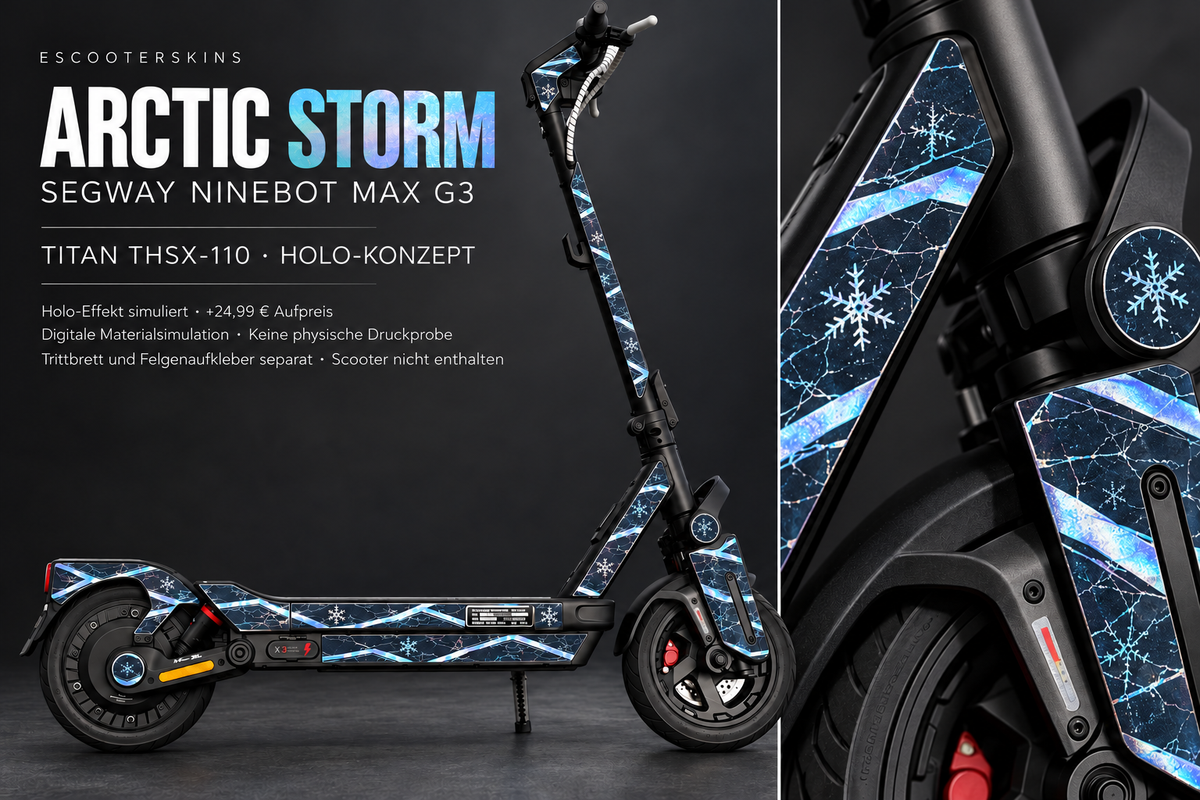 SEGWAY NINEBOT G3 / G3 D / G3 E SKIN | ARCTIC STORM – Holo-Effekt simuliert; +24,99 EUR Aufpreis. Digitale Materialsimulation, keine physische Druckprobe. Nur Body-Skin; Trittbrett und Felgenaufkleber separat; Scooter nicht enthalten.