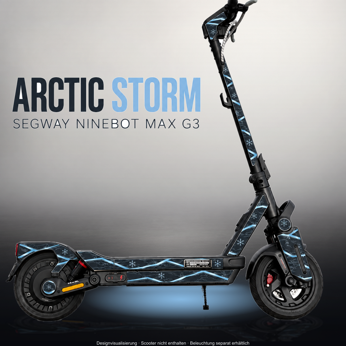 SEGWAY NINEBOT G3 / G3 D / G3 E SKIN | ARCTIC STORM – Designvisualisierung im Studio-Look mit Licht in der Skinfarbe; Scooter nicht enthalten, Beleuchtung separat erhältlich