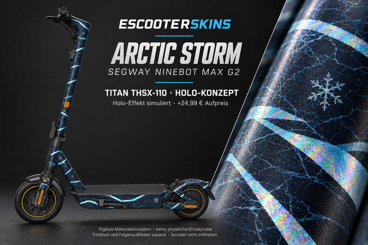 SEGWAY NINEBOT G2 MAX SKIN | ARCTIC STORM – Holo-Effekt simuliert; +24,99 EUR Aufpreis. Digitale Materialsimulation, keine physische Druckprobe. Nur Body-Skin; Trittbrett und Felgenaufkleber separat; Scooter nicht enthalten.