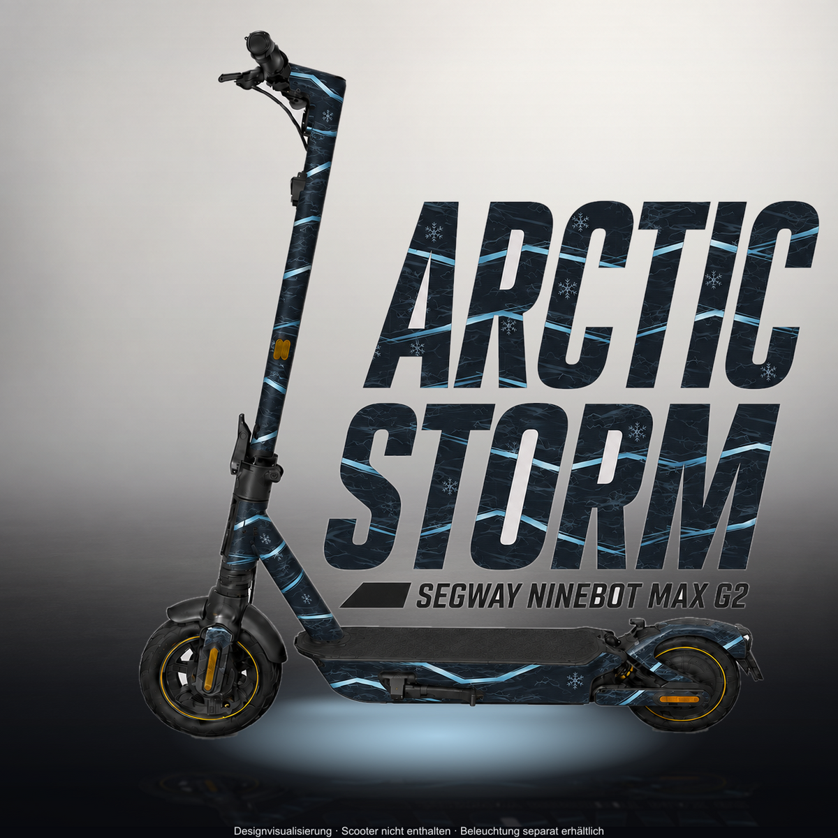 SEGWAY NINEBOT G2 MAX SKIN | ARCTIC STORM – Designvisualisierung im Studio-Look mit Licht in der Skinfarbe; Scooter nicht enthalten, Beleuchtung separat erhältlich