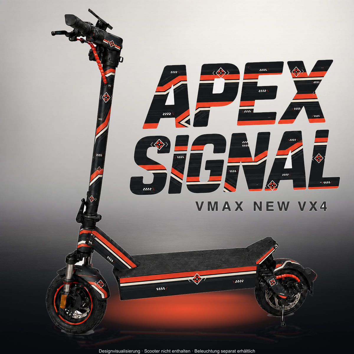 VMAX NEW VX4 SKIN | APEX SIGNAL – Designvisualisierung im Studio-Look mit Licht in der Skinfarbe; Scooter nicht enthalten, Beleuchtung separat erhältlich
