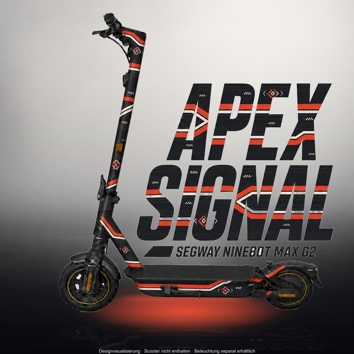 SEGWAY NINEBOT G2 MAX SKIN | APEX SIGNAL – Designvisualisierung im Studio-Look mit Licht in der Skinfarbe; Scooter nicht enthalten, Beleuchtung separat erhältlich