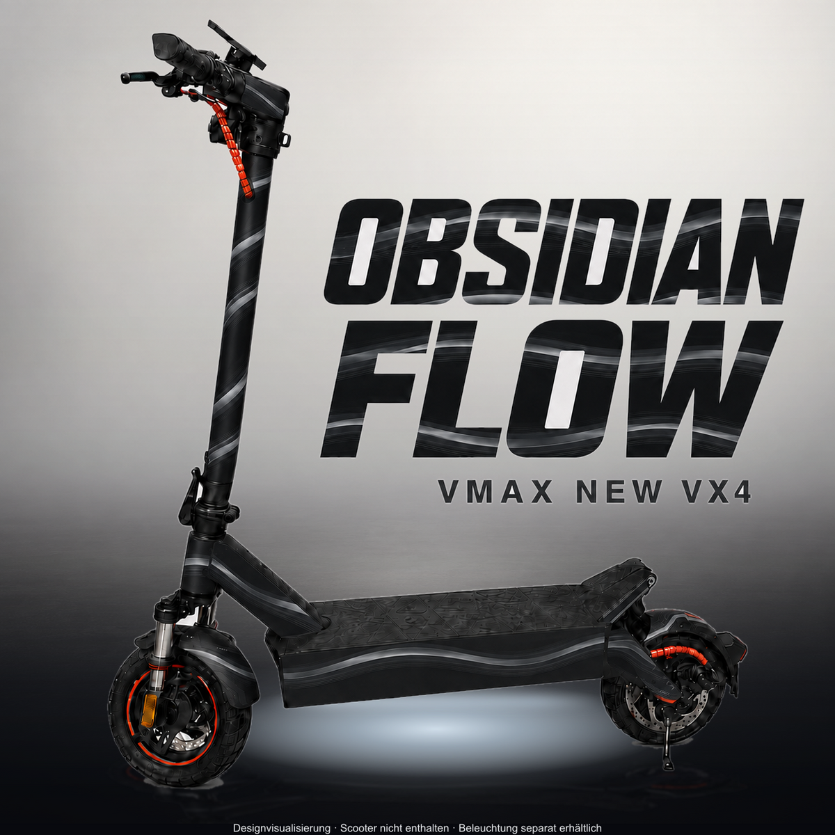 VMAX NEW VX4 SKIN | OBSIDIAN FLOW – Designvisualisierung im Studio-Look mit Licht in der Skinfarbe; Scooter nicht enthalten, Beleuchtung separat erhältlich