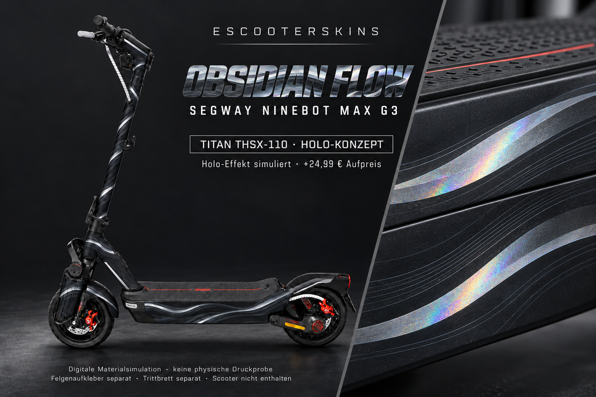 SEGWAY NINEBOT G3 / G3 D / G3 E SKIN | OBSIDIAN FLOW – Holo-Effekt simuliert; +24,99 EUR Aufpreis. Digitale Materialsimulation, keine physische Druckprobe. Nur Body-Skin; Trittbrett und Felgenaufkleber separat; Scooter nicht enthalten.