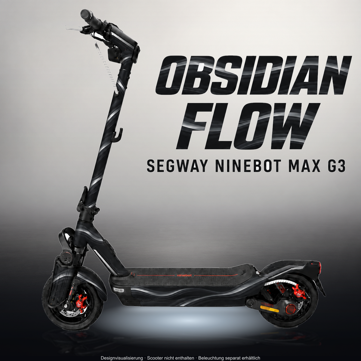 SEGWAY NINEBOT G3 / G3 D / G3 E SKIN | OBSIDIAN FLOW – Designvisualisierung im Studio-Look mit Licht in der Skinfarbe; Scooter nicht enthalten, Beleuchtung separat erhältlich