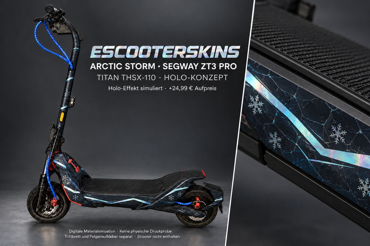 SEGWAY NINEBOT ZT3 PRO / ZT3 PRO D SKIN | ARCTIC STORM – Holo-Effekt simuliert; +24,99 EUR Aufpreis. Digitale Materialsimulation, keine physische Druckprobe. Nur Body-Skin; Trittbrett und Felgenaufkleber separat; Scooter nicht enthalten.