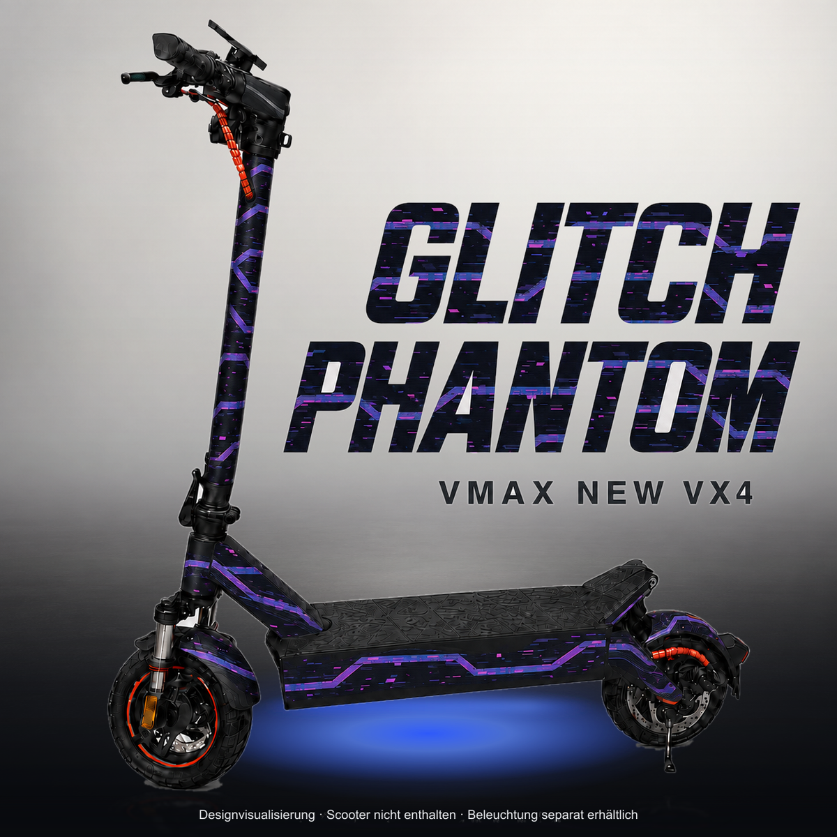 VMAX NEW VX4 SKIN | GLITCH PHANTOM – Studiofoto mit Licht in der Skinfarbe; Scooter und Beleuchtung separat erhältlich