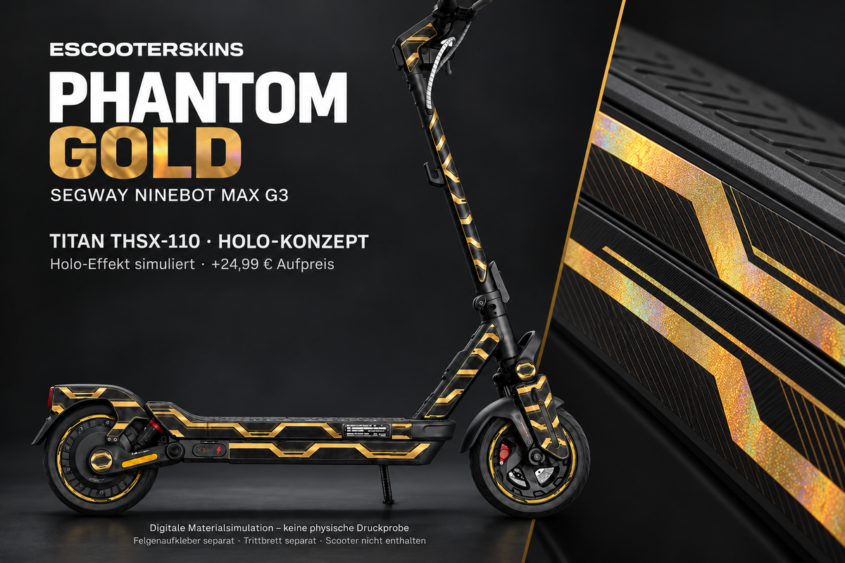 SEGWAY NINEBOT G3 / G3 D / G3 E SKIN | PHANTOM GOLD – Holo-Effekt simuliert; +24,99 EUR Aufpreis. Digitale Materialsimulation, keine physische Druckprobe. Nur Body-Skin; Trittbrett und Felgenaufkleber separat; Scooter nicht enthalten.