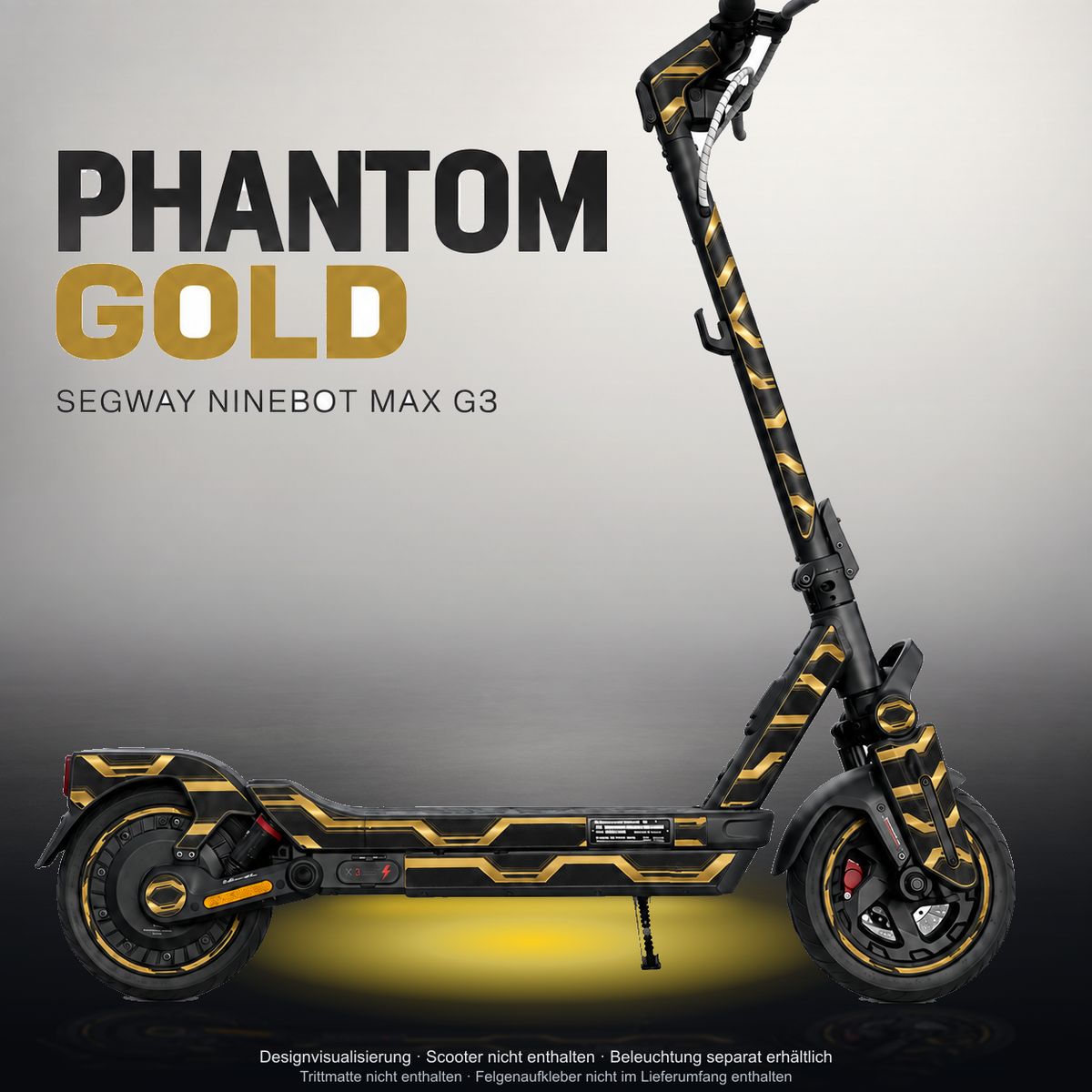 SEGWAY NINEBOT G3 / G3 D / G3 E SKIN | PHANTOM GOLD – Studiofoto mit Licht in der Skinfarbe; Scooter und Beleuchtung separat erhältlich