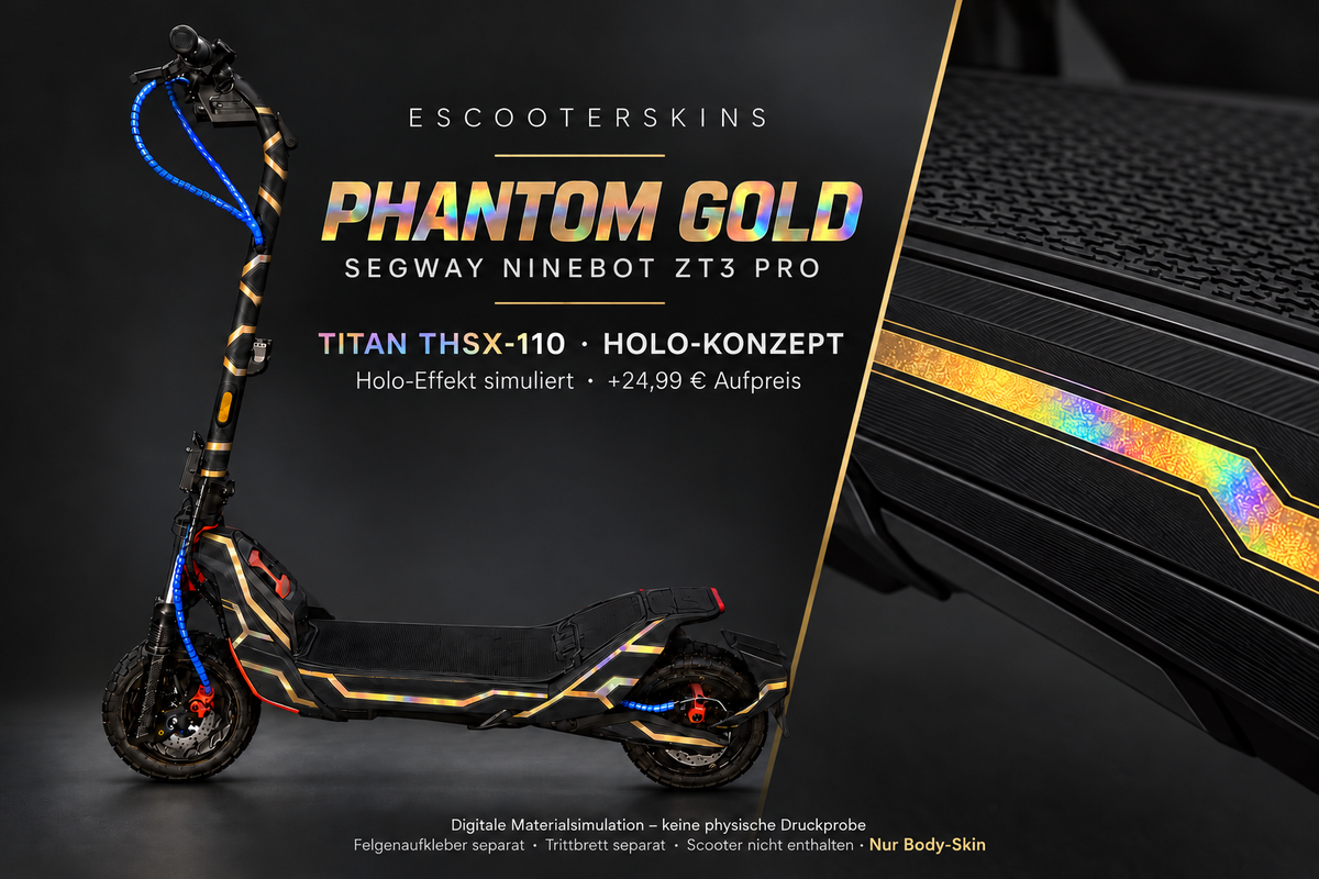 PHANTOM GOLD – Holo-Effekt simuliert; +24,99 EUR Aufpreis. Digitale Materialsimulation, keine physische Druckprobe. Nur Body-Skin; Trittbrett und Felgenaufkleber separat; Scooter nicht enthalten.