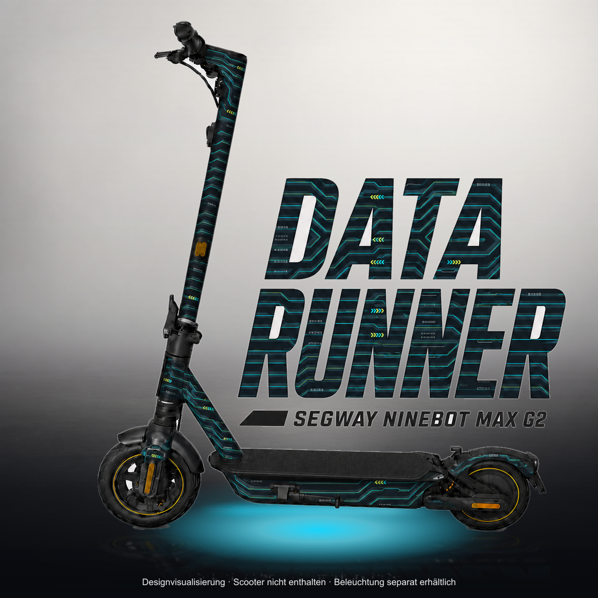 SEGWAY NINEBOT G2 MAX SKIN | DATA RUNNER – Studiofoto mit Licht in der Skinfarbe; Scooter und Beleuchtung separat erhältlich