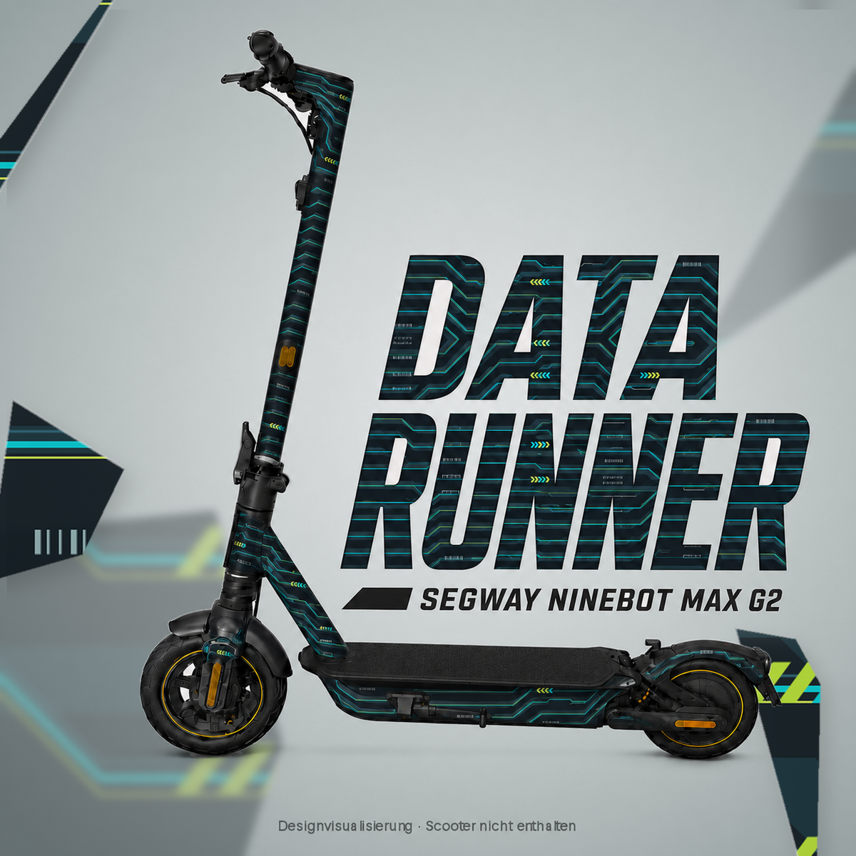 DATA RUNNER Skin für Segway Ninebot MAX G2 – dunkles Circuit-Design mit türkisfarbenen Linien und gelbgrünen Akzenten; digitale Designvisualisierung