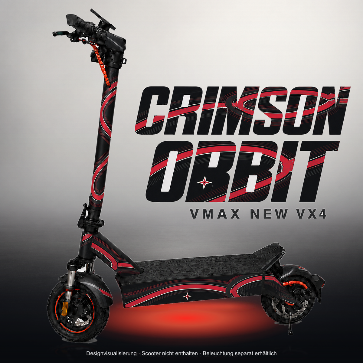 VMAX NEW VX4 SKIN | CRIMSON ORBIT – Studiofoto mit Licht in der Skinfarbe; Scooter und Beleuchtung separat erhältlich