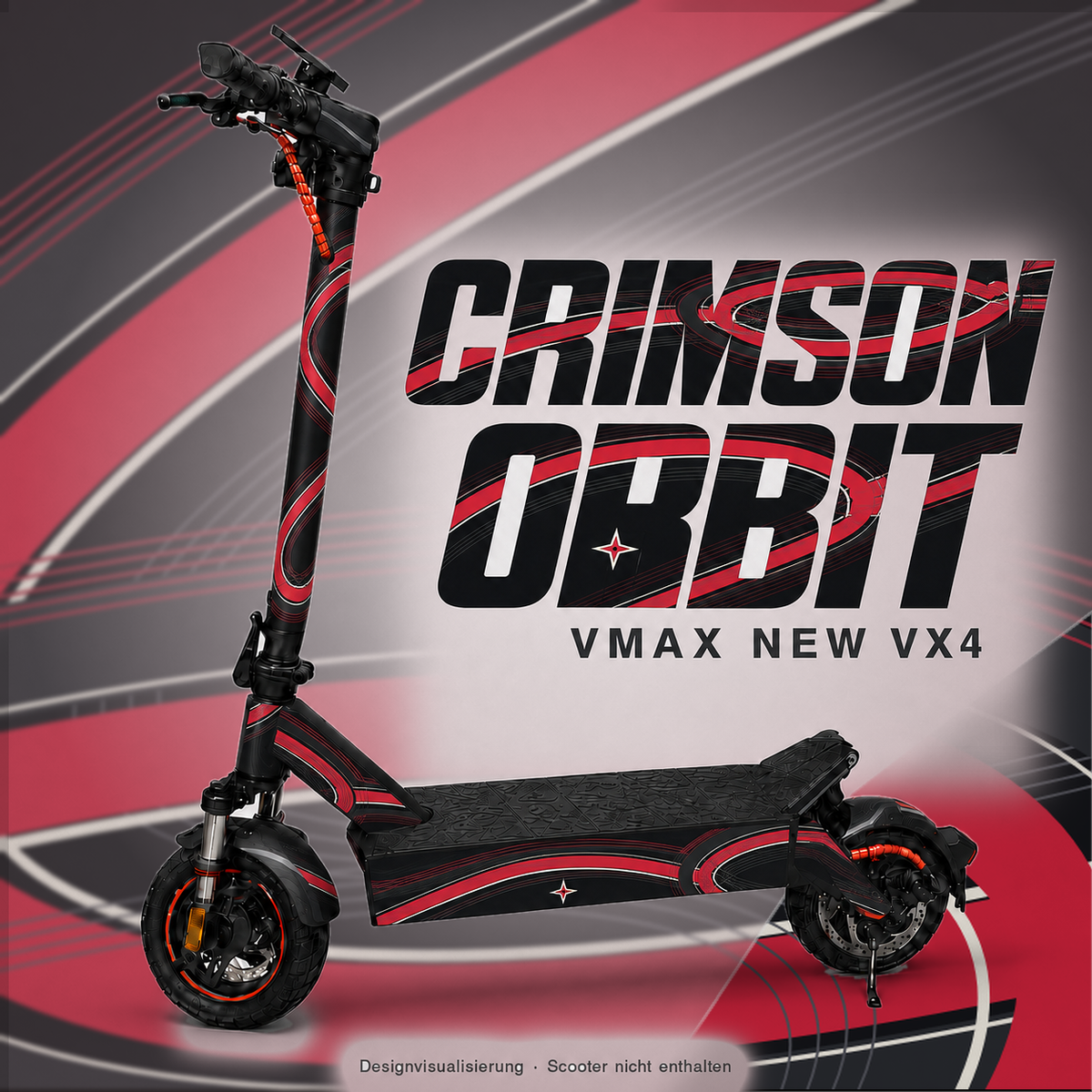 CRIMSON ORBIT Skin für VMAX NEW VX4 – karminrote Orbitalbögen und helle Konturen auf Schwarz mit eigenem Orbit-Emblem; digitale Designvisualisierung