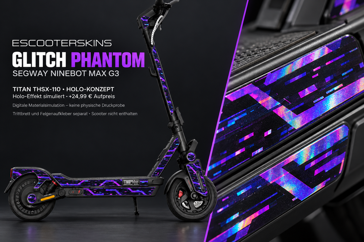 SEGWAY NINEBOT G3 / G3 D / G3 E SKIN | GLITCH PHANTOM – Holo-Effekt simuliert; +24,99 EUR Aufpreis. Digitale Materialsimulation, keine physische Druckprobe. Nur Body-Skin; Trittbrett und Felgenaufkleber separat; Scooter nicht enthalten.