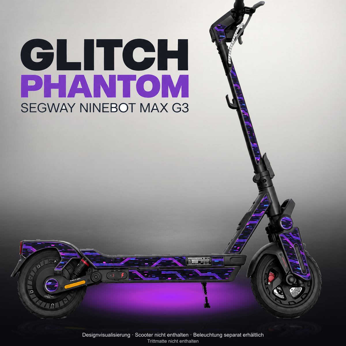 SEGWAY NINEBOT G3 / G3 D / G3 E SKIN | GLITCH PHANTOM – Studiofoto mit Licht in der Skinfarbe; Scooter und Beleuchtung separat erhältlich