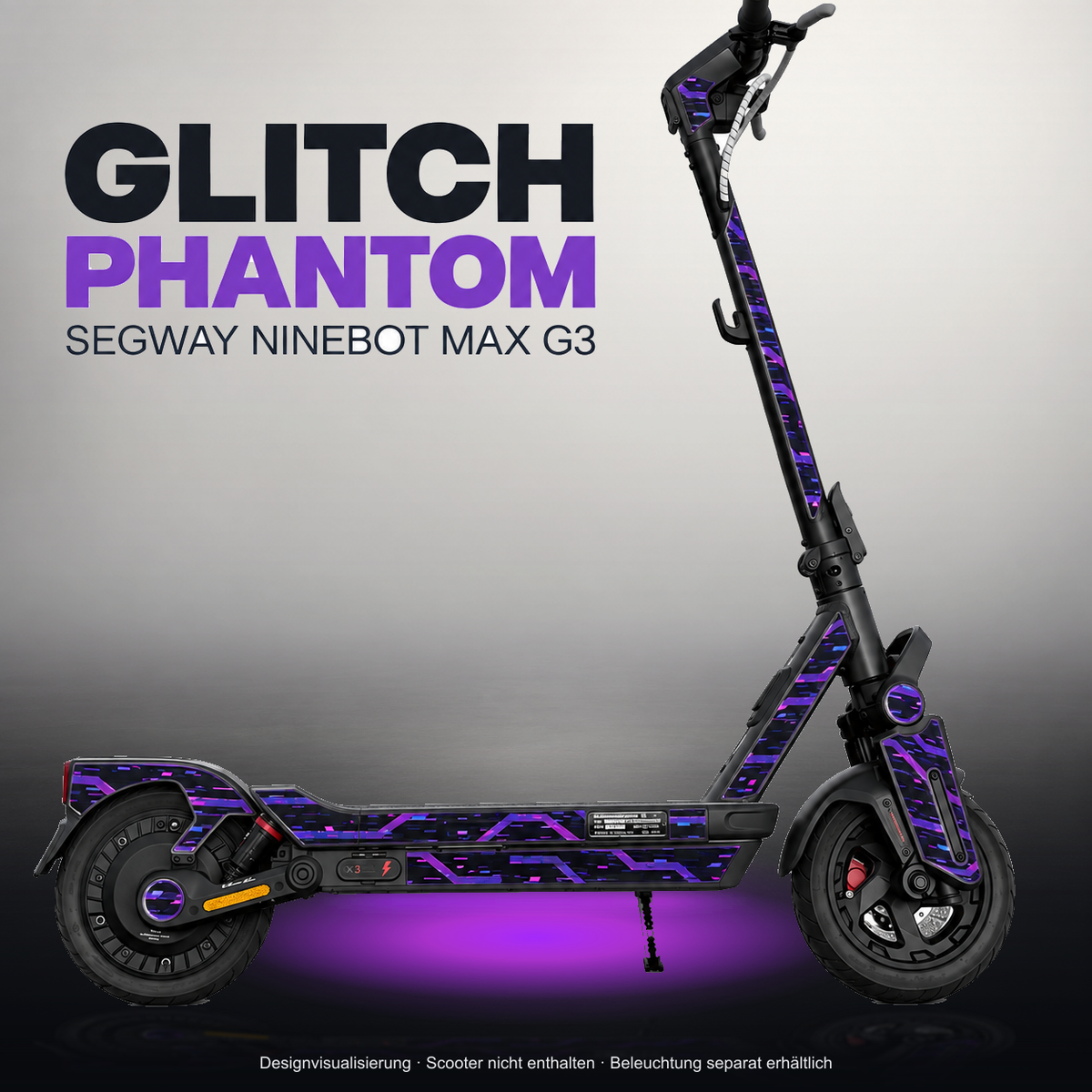 SEGWAY NINEBOT G3 / G3 D / G3 E SKIN | GLITCH PHANTOM – Studiofoto mit Licht in der Skinfarbe; Scooter und Beleuchtung separat erhältlich