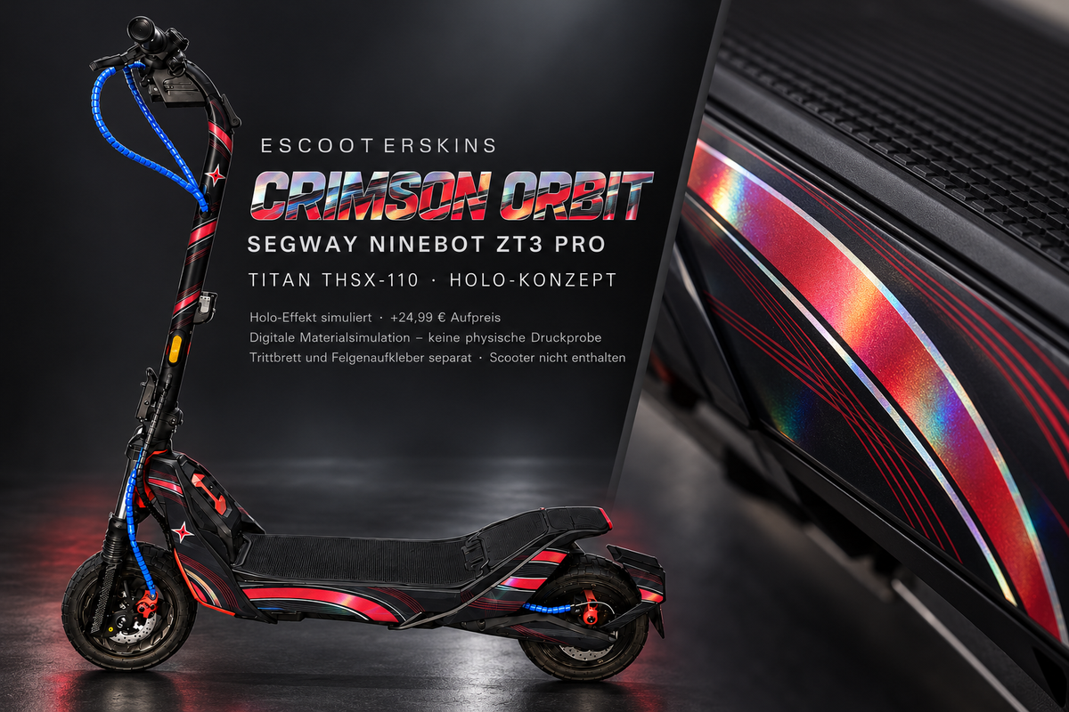 SEGWAY NINEBOT ZT3 PRO / ZT3 PRO D SKIN | CRIMSON ORBIT – Holo-Effekt simuliert; +24,99 EUR Aufpreis. Digitale Materialsimulation, keine physische Druckprobe. Nur Body-Skin; Trittbrett und Felgenaufkleber separat; Scooter nicht enthalten.