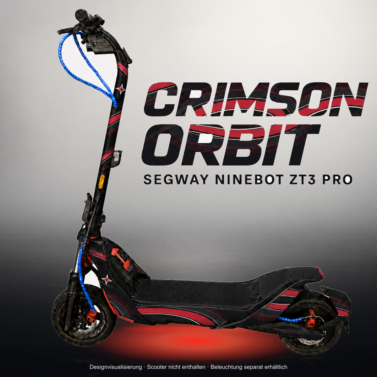 SEGWAY NINEBOT ZT3 PRO / ZT3 PRO D SKIN | CRIMSON ORBIT – Studiofoto mit Licht in der Skinfarbe; Scooter und Beleuchtung separat erhältlich