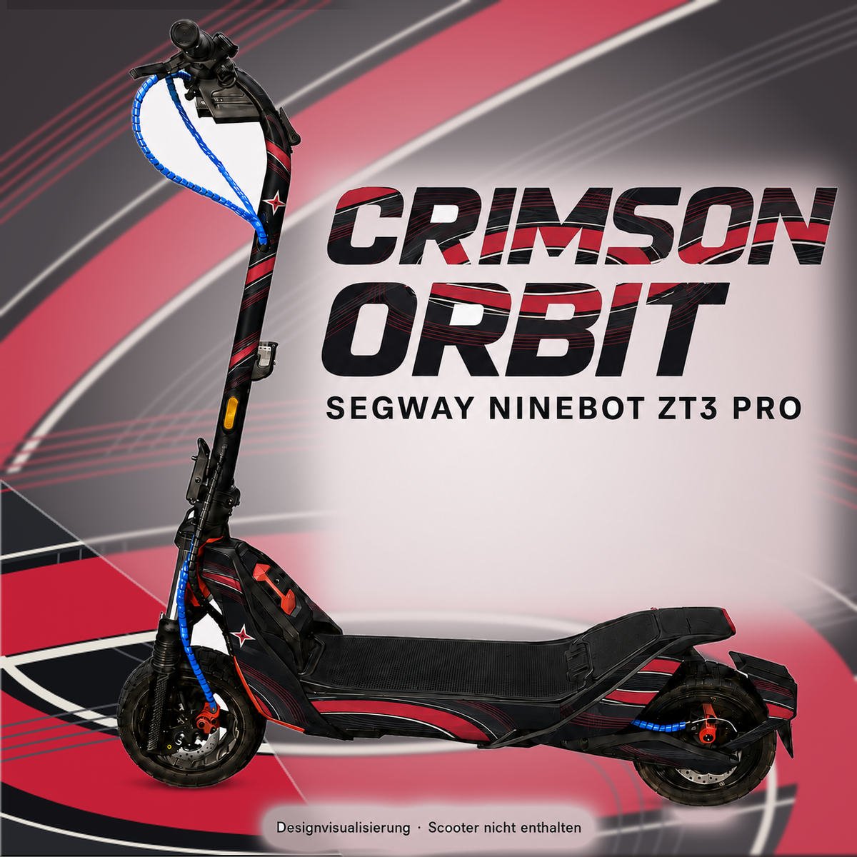 CRIMSON ORBIT Skin für Segway Ninebot ZT3 Pro – karminrote Bögen, helle Konturen und eigenes Orbit-Emblem auf Schwarz; digitale Designvisualisierung