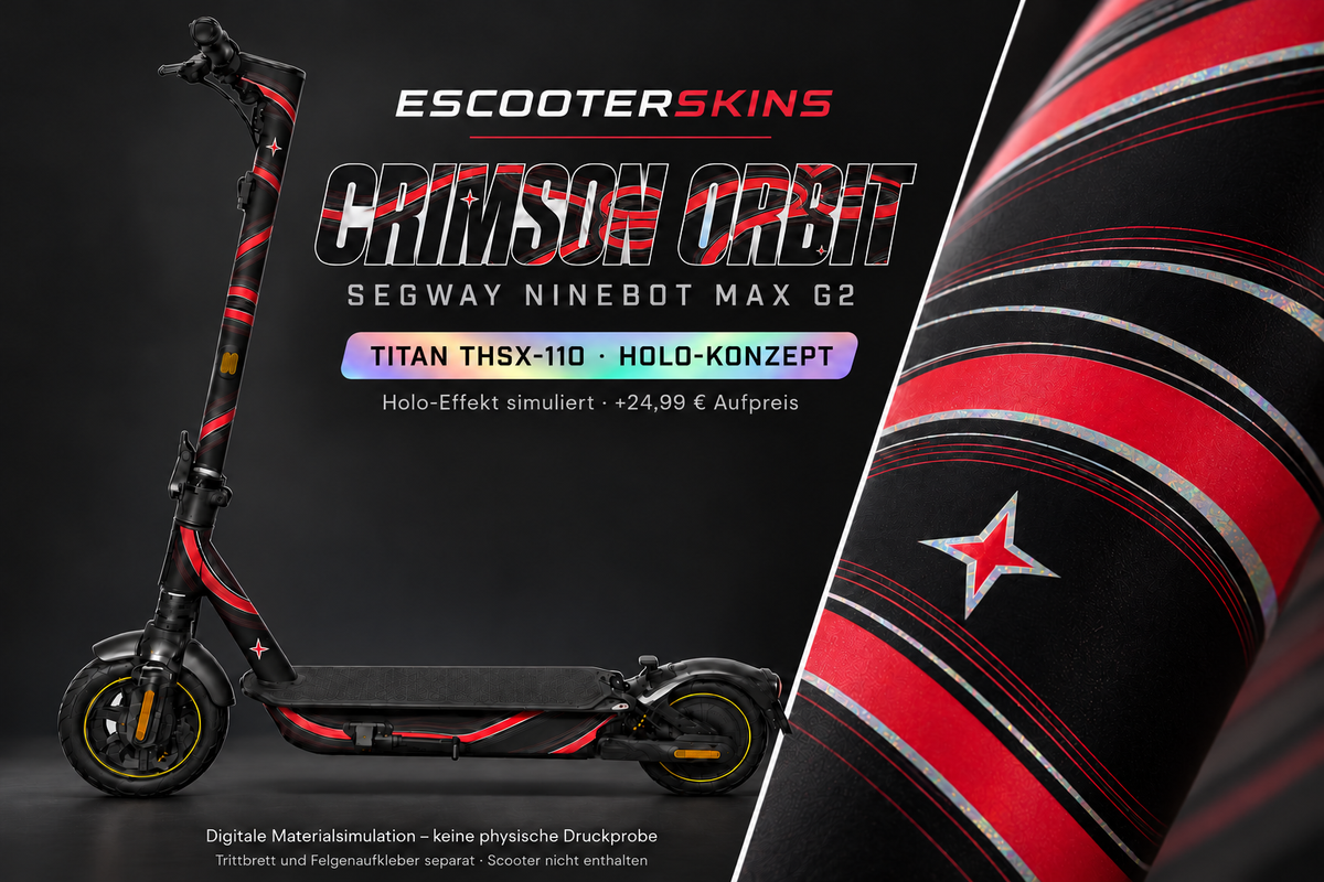 SEGWAY NINEBOT G2 MAX SKIN | CRIMSON ORBIT – Holo-Effekt simuliert; +24,99 EUR Aufpreis. Digitale Materialsimulation, keine physische Druckprobe. Nur Body-Skin; Trittbrett und Felgenaufkleber separat; Scooter nicht enthalten.