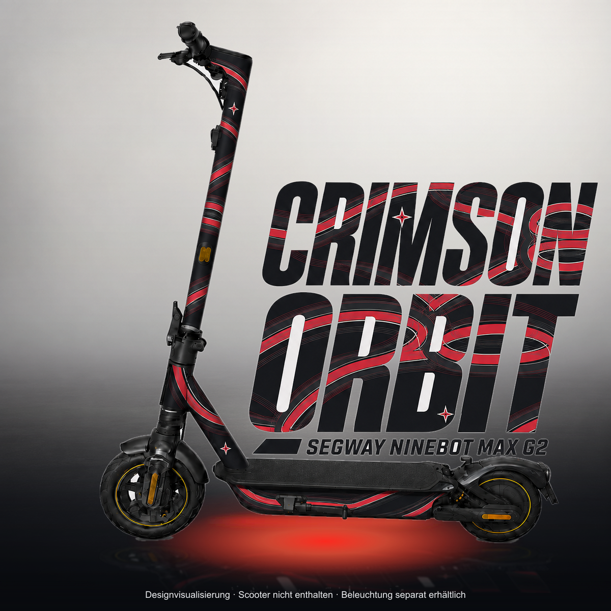 SEGWAY NINEBOT G2 MAX SKIN | CRIMSON ORBIT – Studiofoto mit Licht in der Skinfarbe; Scooter und Beleuchtung separat erhältlich