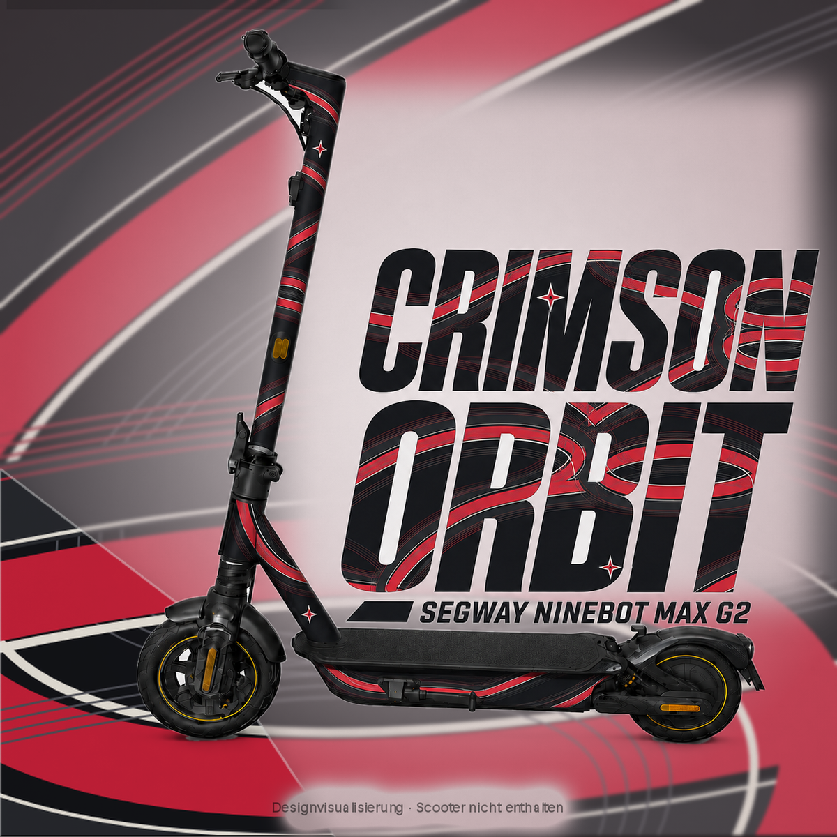 CRIMSON ORBIT Skin für Segway Ninebot MAX G2 – karminrote Bögen, helle Konturen und eigenes Orbit-Emblem auf Schwarz; digitale Designvisualisierung