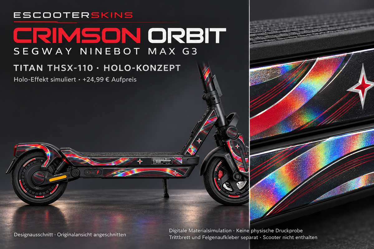 SEGWAY NINEBOT G3 / G3 D / G3 E SKIN | CRIMSON ORBIT – Holo-Effekt simuliert; +24,99 EUR Aufpreis. Digitale Materialsimulation, keine physische Druckprobe. Nur Body-Skin; Trittbrett und Felgenaufkleber separat; Scooter nicht enthalten.