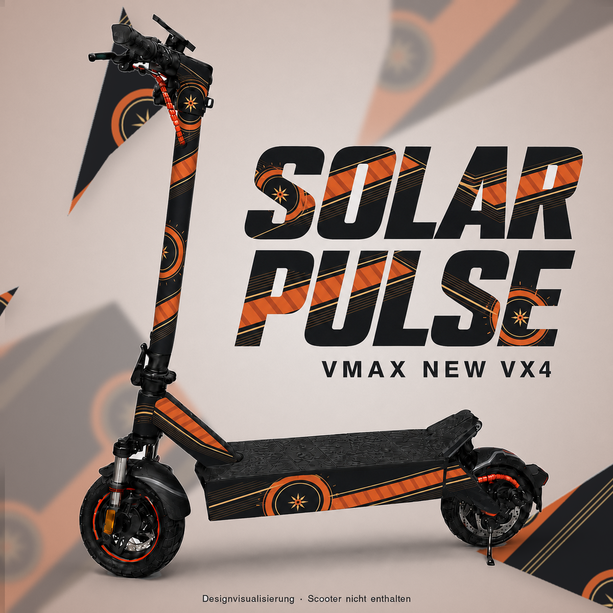 SOLAR PULSE Skin für VMAX NEW VX4 – orangefarbene Ringe und Signalbänder auf Anthrazit mit eigenem Sonnen-Emblem; digitale Designvisualisierung