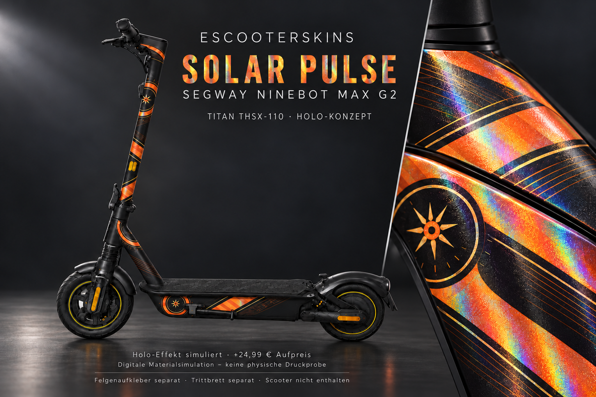 SEGWAY NINEBOT G2 MAX SKIN | SOLAR PULSE – Holo-Effekt simuliert; +24,99 EUR Aufpreis. Digitale Materialsimulation, keine physische Druckprobe. Nur Body-Skin; Trittbrett und Felgenaufkleber separat; Scooter nicht enthalten.
