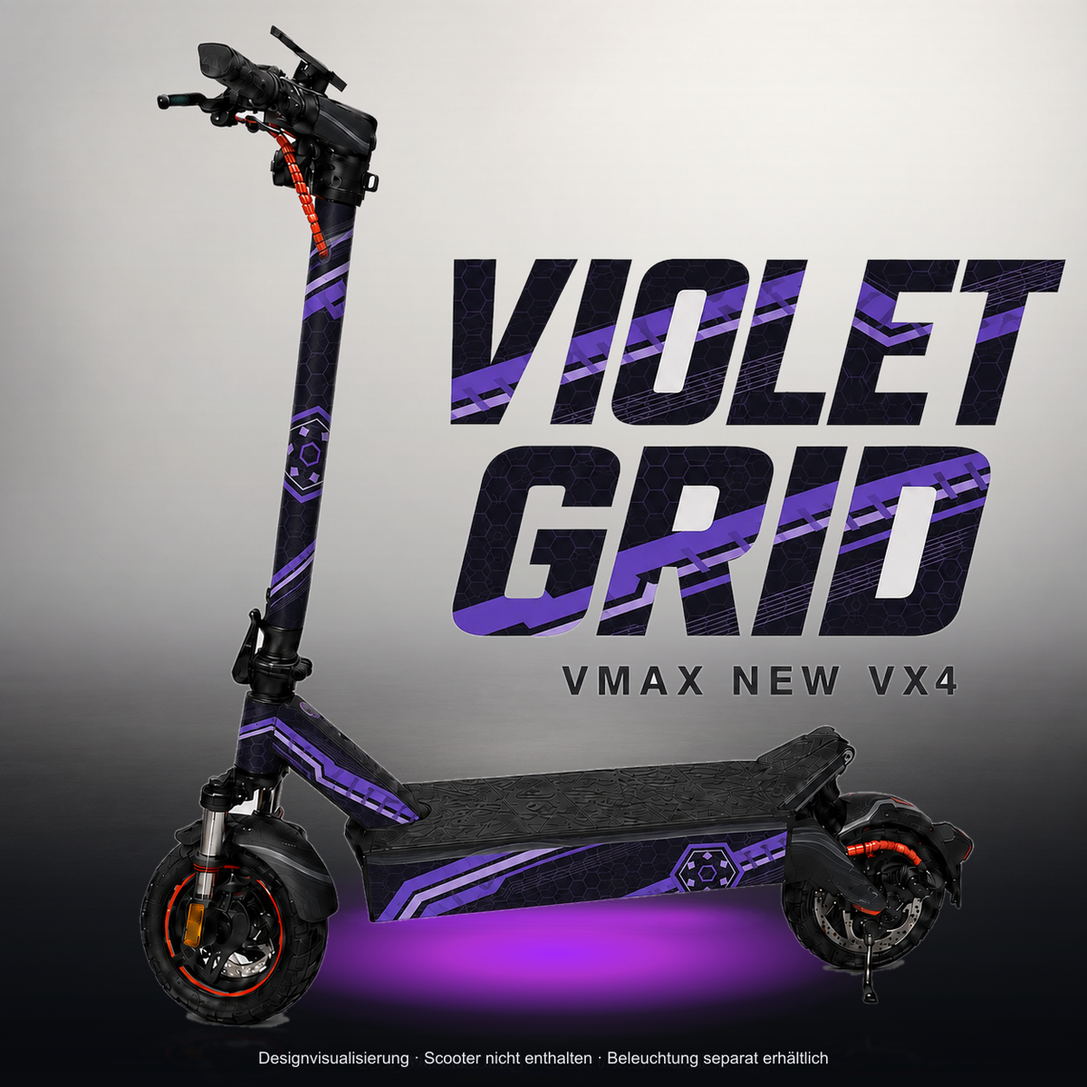 VMAX NEW VX4 SKIN | VIOLET GRID – Studiofoto mit Licht in der Skinfarbe; Scooter und Beleuchtung separat erhältlich