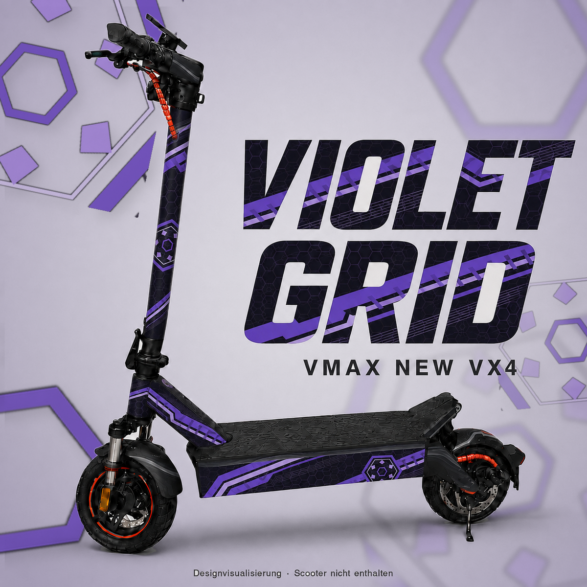VIOLET GRID Skin für VMAX NEW VX4 mit violetten Bändern und Hexagonraster – digitale Designvisualisierung, Scooter nicht enthalten