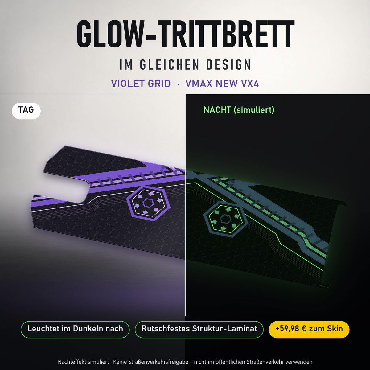 Glow-Trittbrett – VIOLET GRID, Tag/Nacht