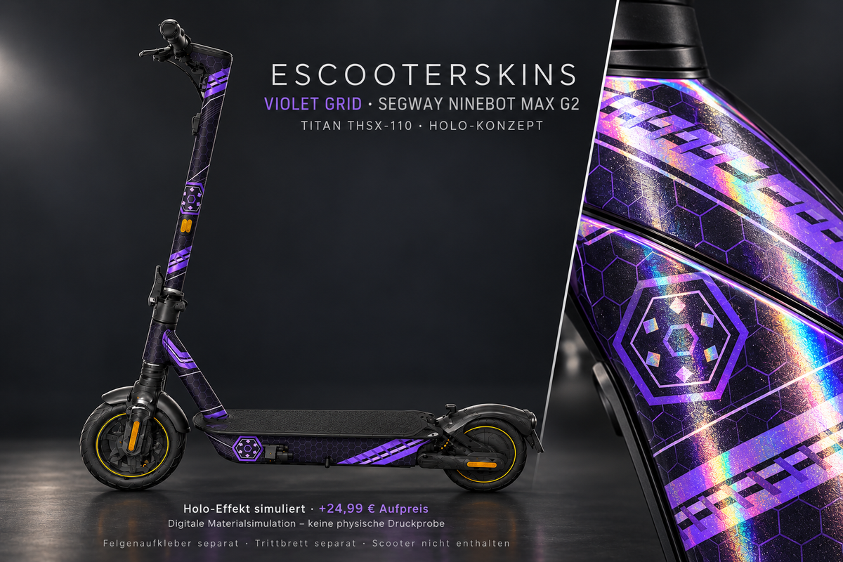 SEGWAY NINEBOT G2 MAX SKIN | VIOLET GRID – Holo-Effekt simuliert; +24,99 EUR Aufpreis. Digitale Materialsimulation, keine physische Druckprobe. Nur Body-Skin; Trittbrett und Felgenaufkleber separat; Scooter nicht enthalten.