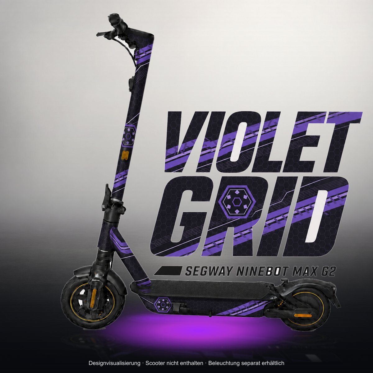 SEGWAY NINEBOT G2 MAX SKIN | VIOLET GRID – Studiofoto mit Licht in der Skinfarbe; Scooter und Beleuchtung separat erhältlich