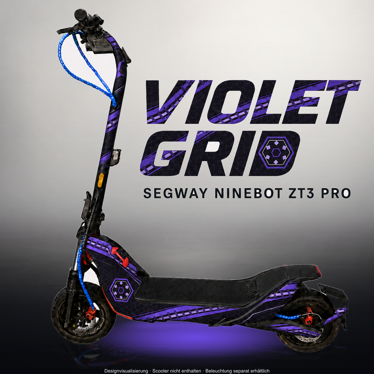 SEGWAY NINEBOT ZT3 PRO / ZT3 PRO D SKIN | VIOLET GRID – Designvisualisierung im Studio-Look mit Licht in der Skinfarbe; Scooter nicht enthalten, Beleuchtung separat erhältlich