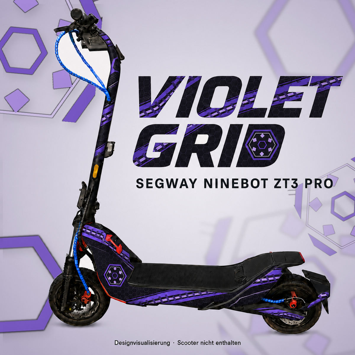 VIOLET GRID Skin für Segway Ninebot ZT3 Pro mit violetten Bändern und Hexagonraster – digitale Designvisualisierung, Scooter nicht enthalten