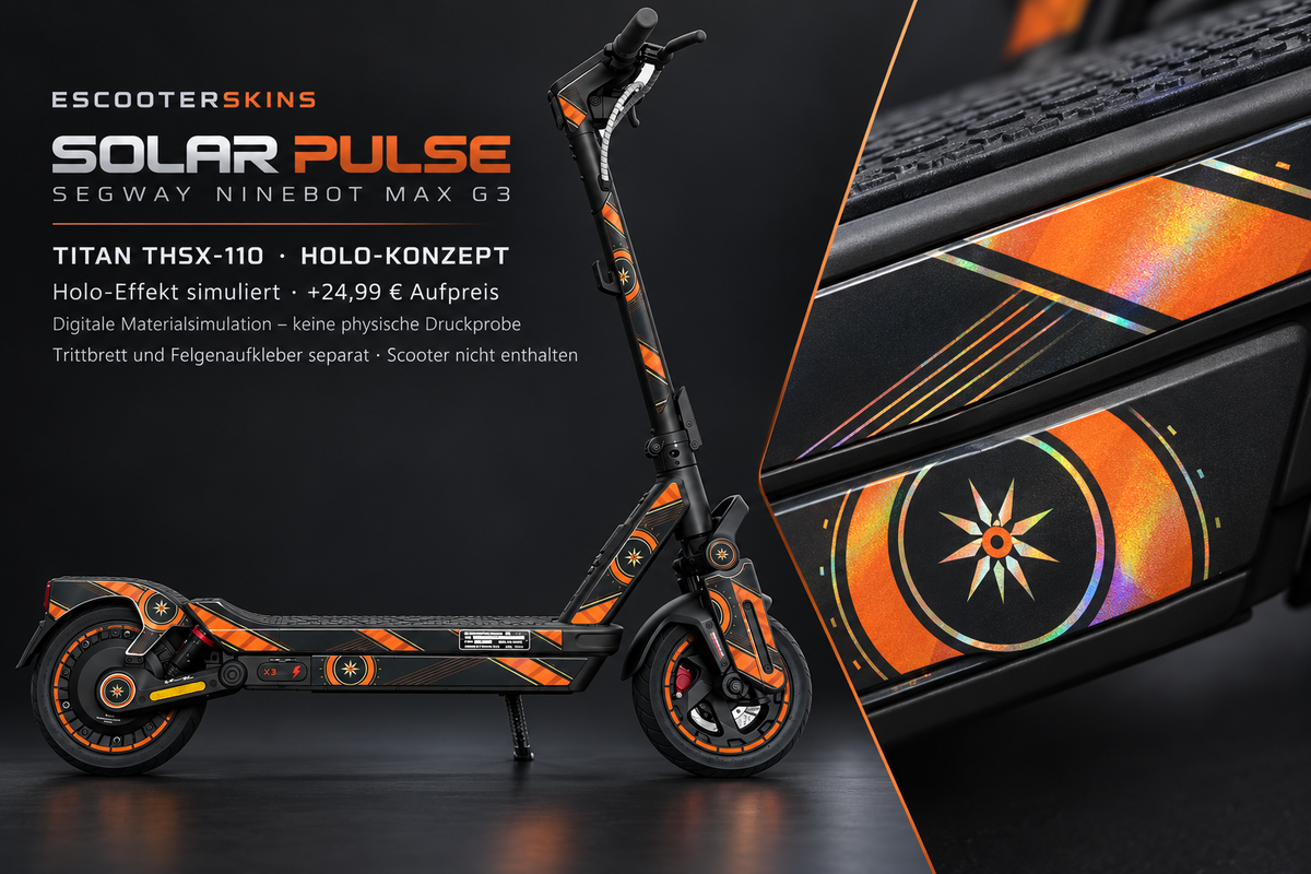 SEGWAY NINEBOT G3 / G3 D / G3 E SKIN | SOLAR PULSE – Holo-Effekt simuliert; +24,99 EUR Aufpreis. Digitale Materialsimulation, keine physische Druckprobe. Nur Body-Skin; Trittbrett und Felgenaufkleber separat; Scooter nicht enthalten.