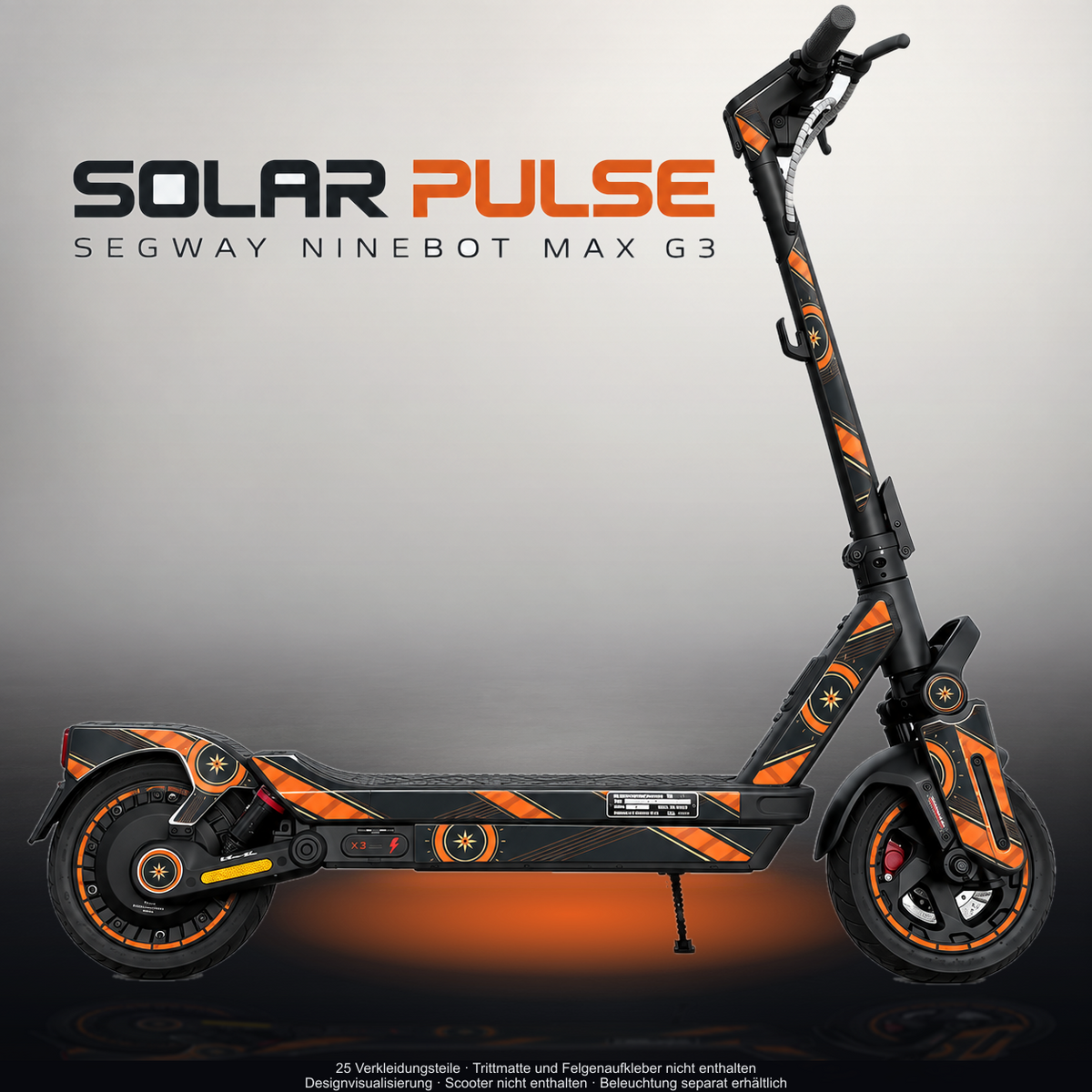 SEGWAY NINEBOT G3 / G3 D / G3 E SKIN | SOLAR PULSE – Designvisualisierung im Studio-Look mit Licht in der Skinfarbe; Scooter nicht enthalten, Beleuchtung separat erhältlich