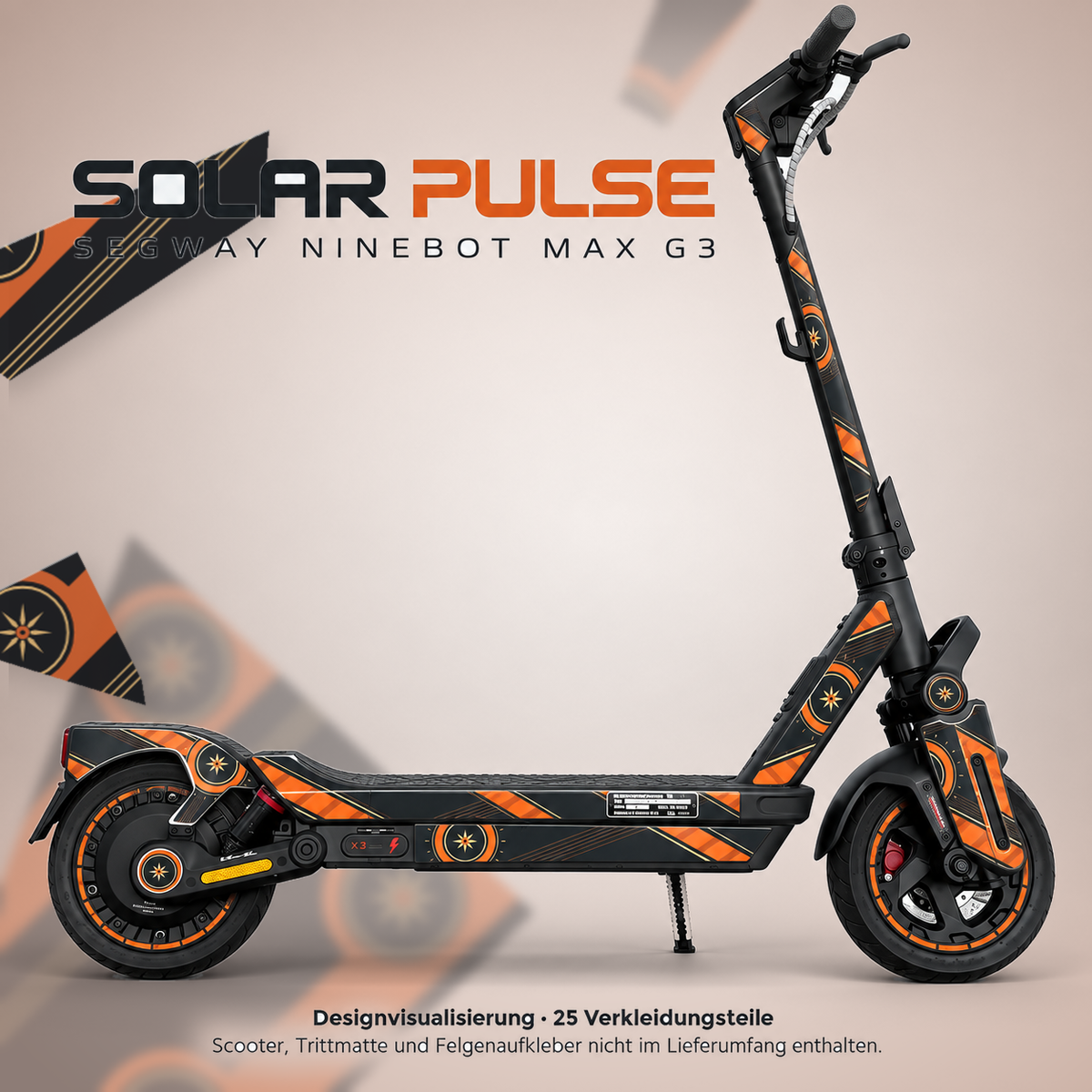 SOLAR PULSE auf Segway Ninebot MAX G3 mit getrennten Seitenteilen und passenden optionalen Felgenaufklebern. Designvisualisierung; Scooter, Trittmatte und Felgenaufkleber nicht enthalten.