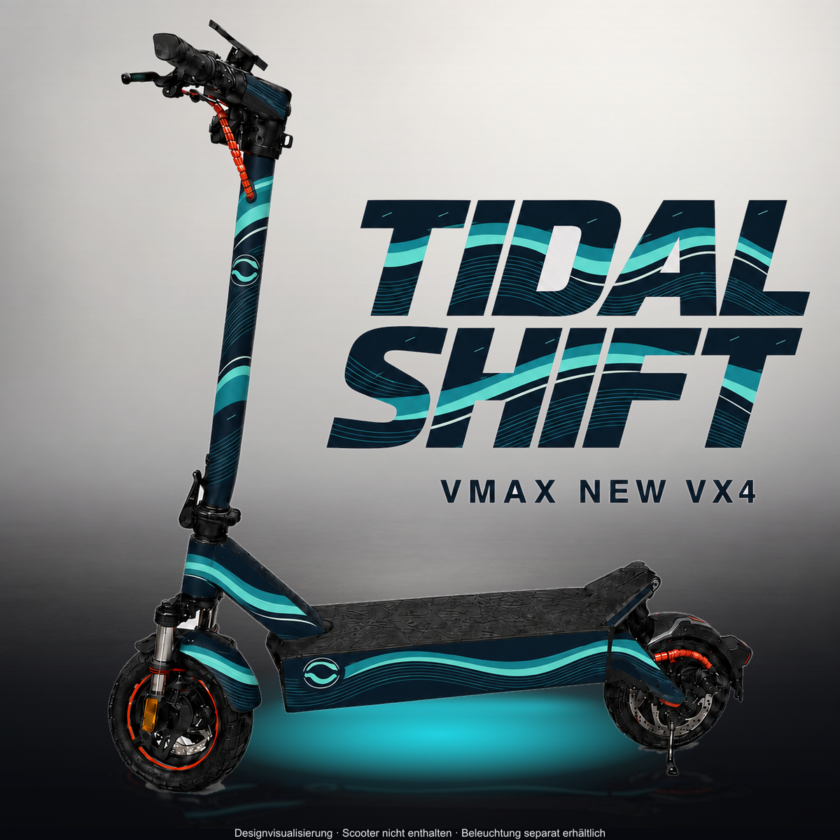 VMAX NEW VX4 SKIN | TIDAL SHIFT – Designvisualisierung im Studio-Look mit Licht in der Skinfarbe; Scooter nicht enthalten, Beleuchtung separat erhältlich