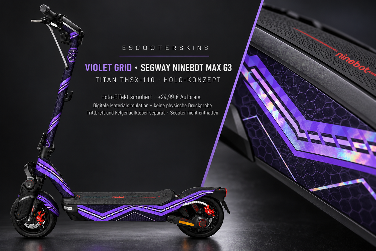 SEGWAY NINEBOT G3 / G3 D / G3 E SKIN | VIOLET GRID – Holo-Effekt simuliert; +24,99 EUR Aufpreis. Digitale Materialsimulation, keine physische Druckprobe. Nur Body-Skin; Trittbrett und Felgenaufkleber separat; Scooter nicht enthalten.