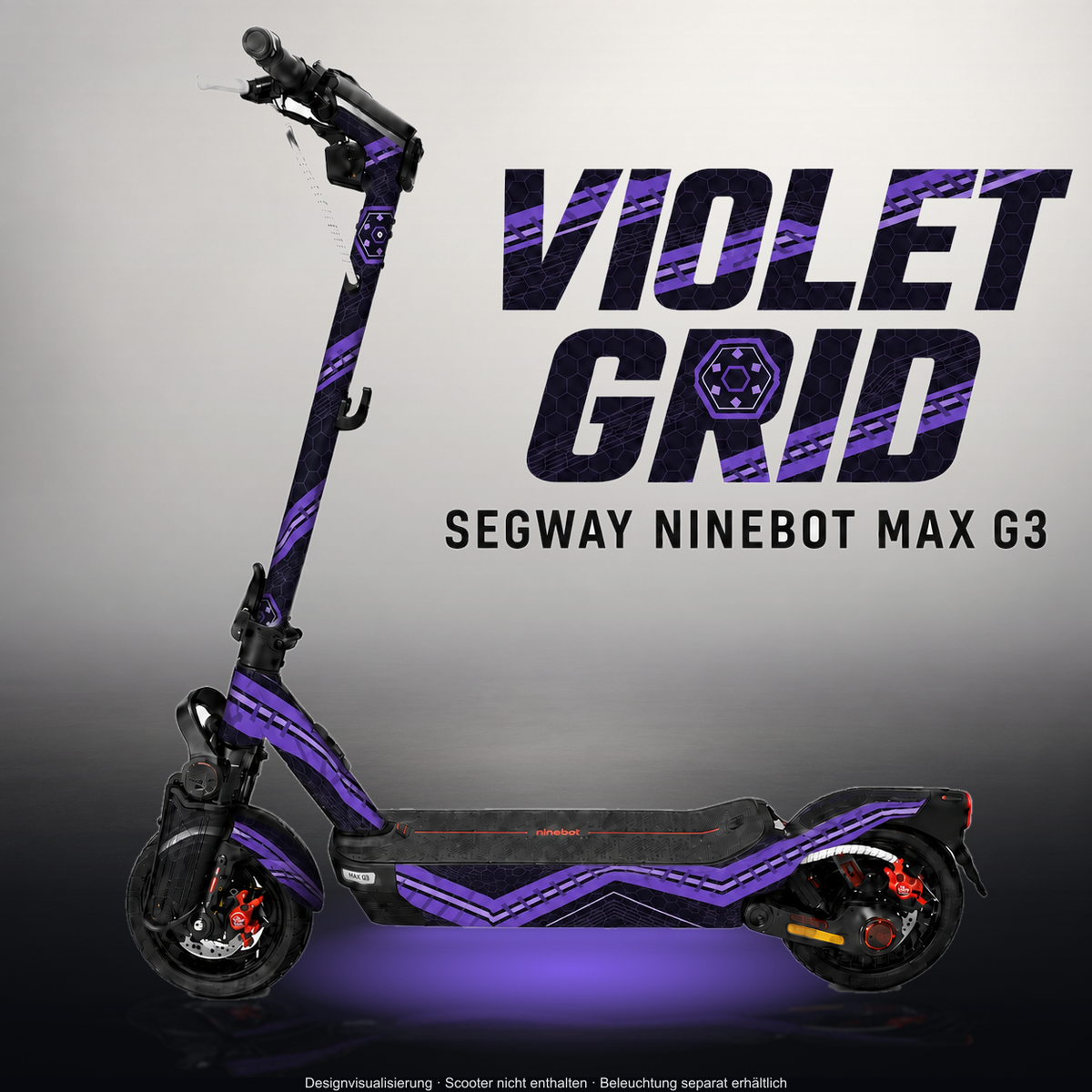 SEGWAY NINEBOT G3 / G3 D / G3 E SKIN | VIOLET GRID – Designvisualisierung im Studio-Look mit Licht in der Skinfarbe; Scooter nicht enthalten, Beleuchtung separat erhältlich