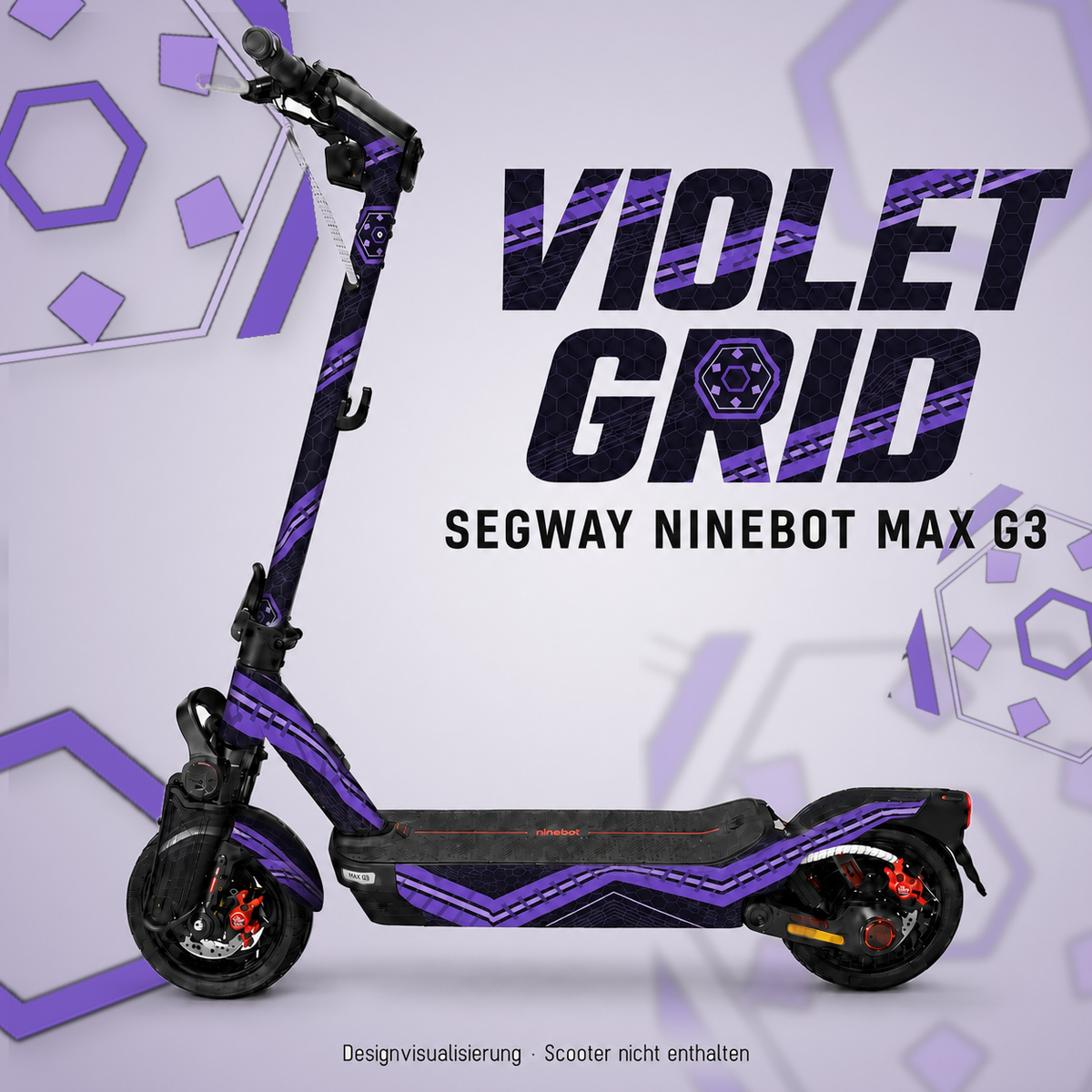 VIOLET GRID Skin für Segway Ninebot MAX G3 mit violetten Bändern und Hexagonraster – digitale Designvisualisierung, Scooter nicht enthalten