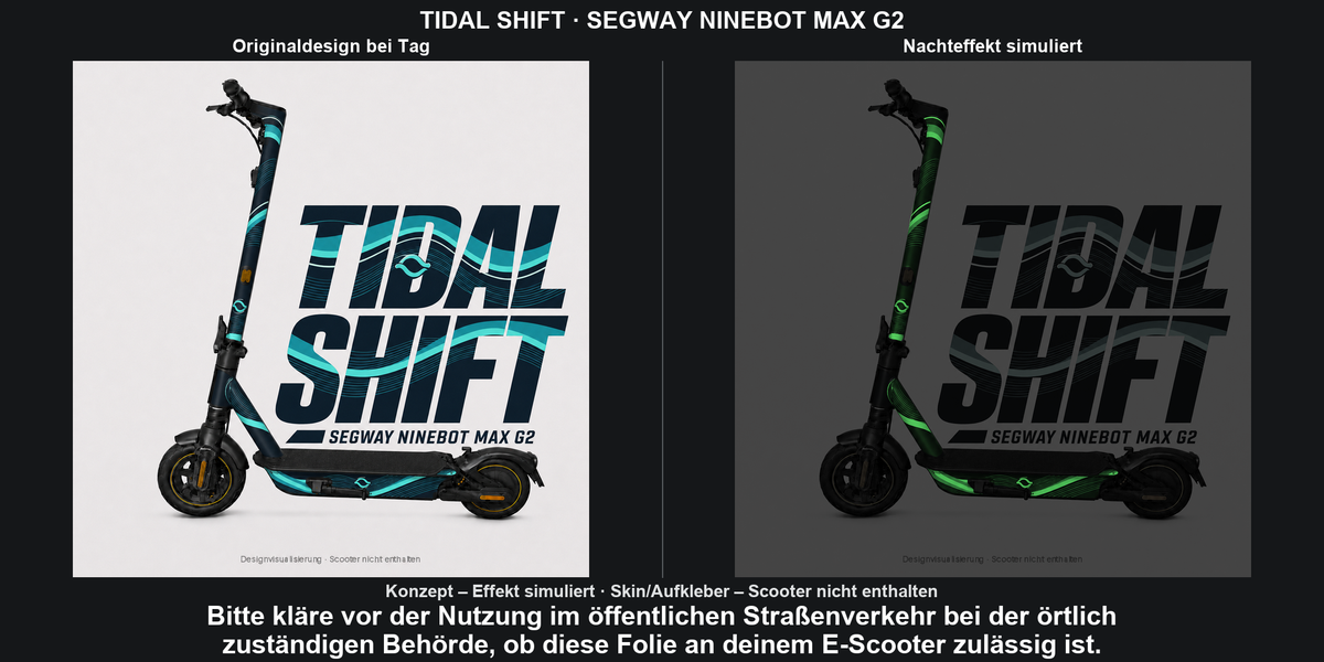TIDAL SHIFT · SEGWAY NINEBOT MAX G2: Originaldesign bei Tag und grün simulierter Glow-Nachteffekt auf den Skinflächen. Skin/Aufkleber; Scooter nicht enthalten. Konzept, kein physischer Materialtest.