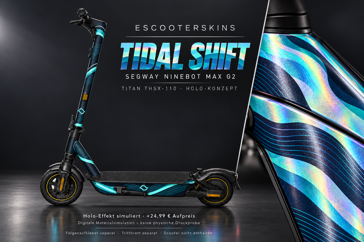 SEGWAY NINEBOT G2 MAX SKIN | TIDAL SHIFT – Holo-Effekt simuliert; +24,99 EUR Aufpreis. Digitale Materialsimulation, keine physische Druckprobe. Nur Body-Skin; Trittbrett und Felgenaufkleber separat; Scooter nicht enthalten.