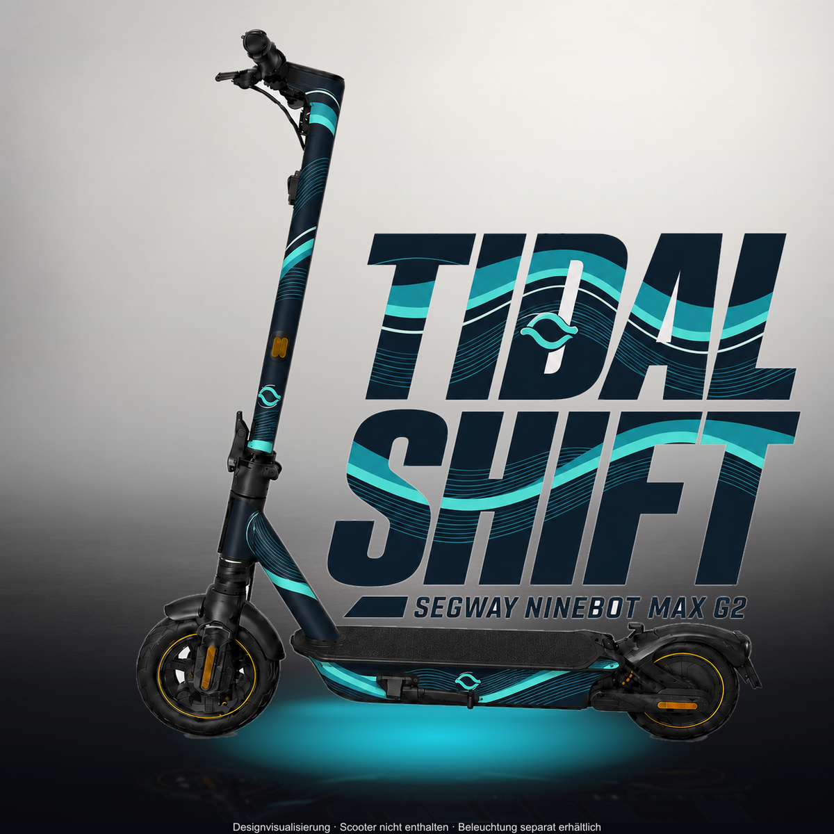 SEGWAY NINEBOT G2 MAX SKIN | TIDAL SHIFT – Designvisualisierung im Studio-Look mit Licht in der Skinfarbe; Scooter nicht enthalten, Beleuchtung separat erhältlich