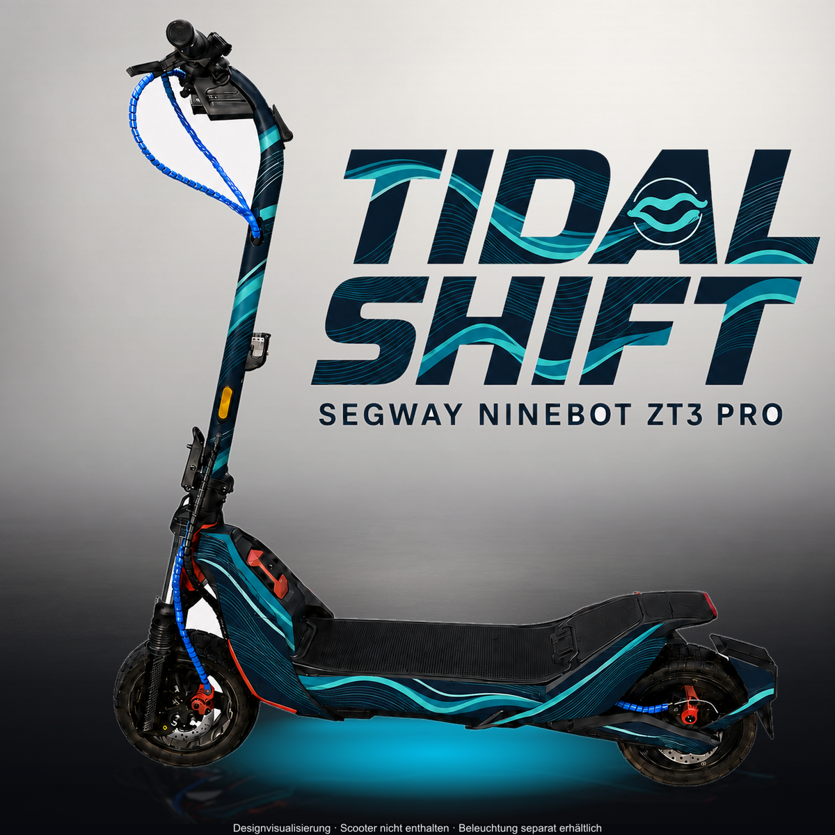 SEGWAY NINEBOT ZT3 PRO / ZT3 PRO D SKIN | TIDAL SHIFT – Designvisualisierung im Studio-Look mit Licht in der Skinfarbe; Scooter nicht enthalten, Beleuchtung separat erhältlich